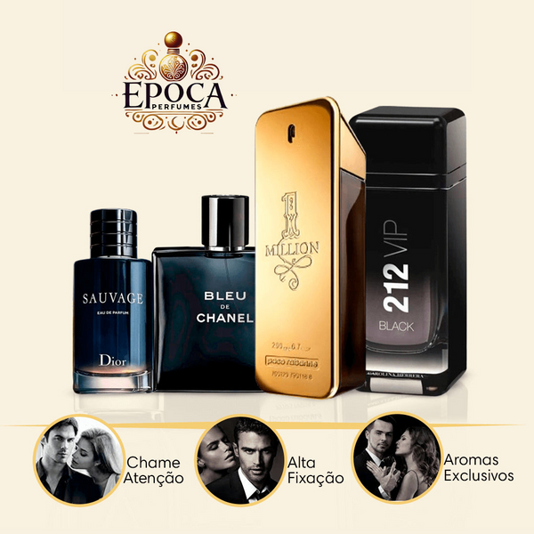 KIT 4 Perfumes Masculinos Importados (100ml) - 1 million +212 Vip +Sauvage +Bleu